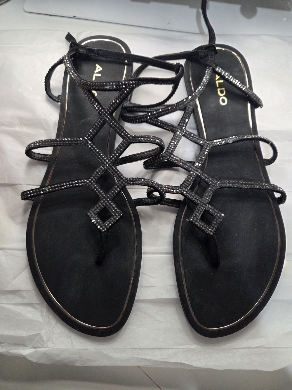 Aldo Black Crystal-Strap Lace-Up Flat Sandals